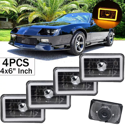 Chrome Crystal CCFL Yellow LED 4x6" Inch Square Sealed Beam Headlights 4PCS