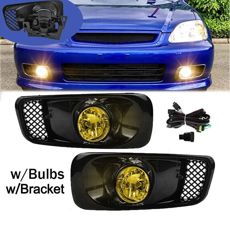 1999 2000 Honda Civic JDM Yellow Lens Halogen Fog Lights with Wiring