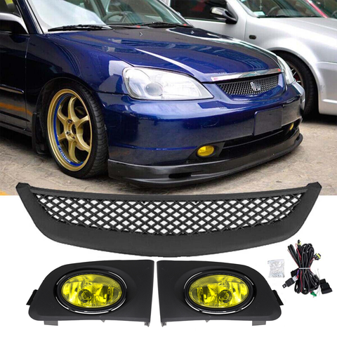 2001 2002 2003 Honda Civic Bumper Yellow Lens Fog Lamp & JDM Grille