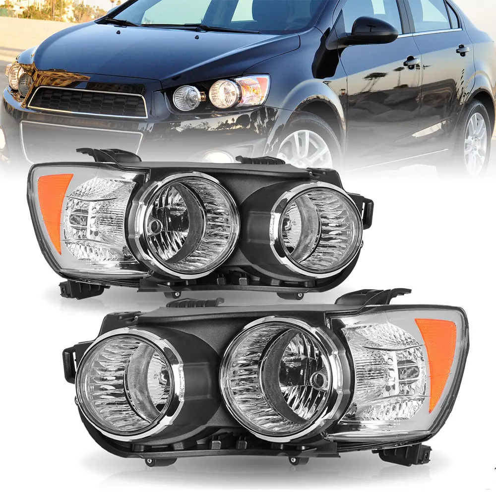 2012-2016 Chevy Sonic Halogen Headlights Pair  with Chrome Bezel