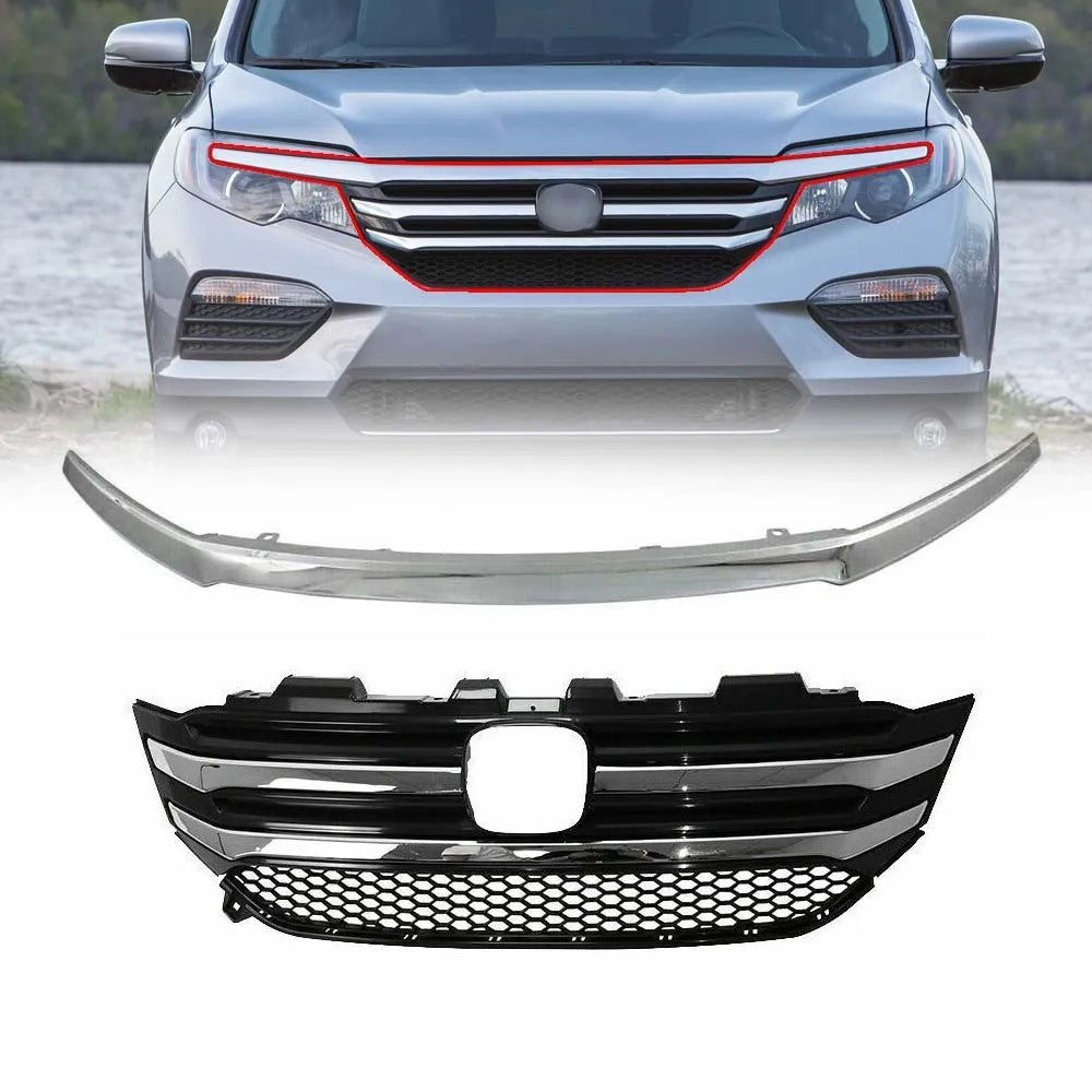 2016 2017 2018 Honda Pilot Upper Grille For with Chrome Surround Molding Trim