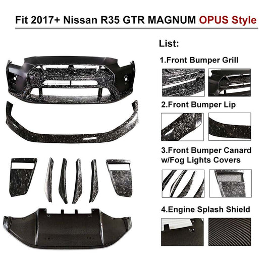 2017+ Nissan GTR R35 Carbon Fiber Forged Gloss Front Bumper& Fog Light Cover&Front lip&Front Bumper Canard&Engine Splash Shield Cover