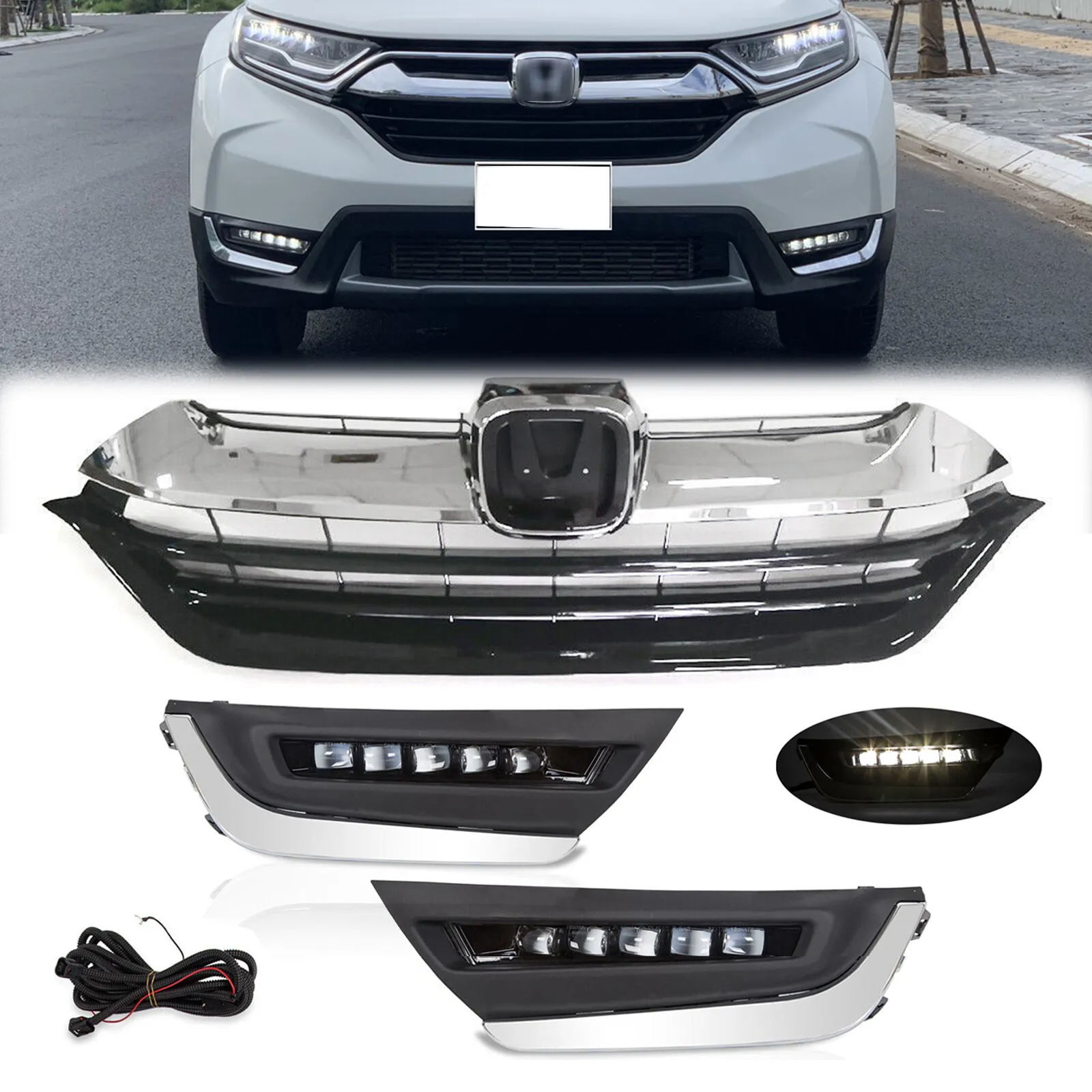  2017 2018 2019 Honda CR-V Front Upper Mesh Grille & LED Fog Lights Kit