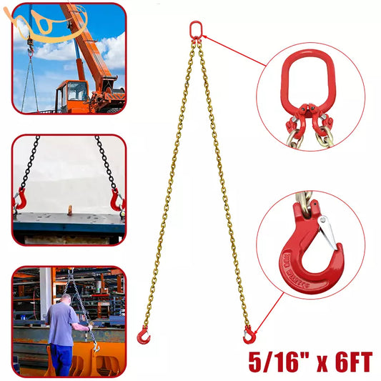 1PC 5/16"x6' G80 Lifting Chain Sling w/2 Legs 3T/6600lbs Capacity w/ Grab Hooks