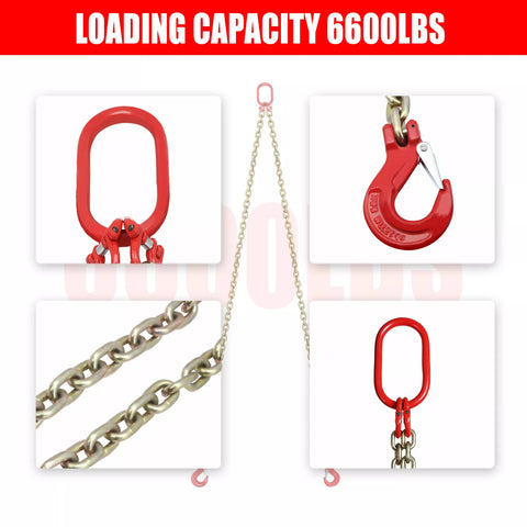 1PC 5/16"x6' G80 Lifting Chain Sling w/2 Legs 3T/6600lbs Capacity w/ Grab Hooks